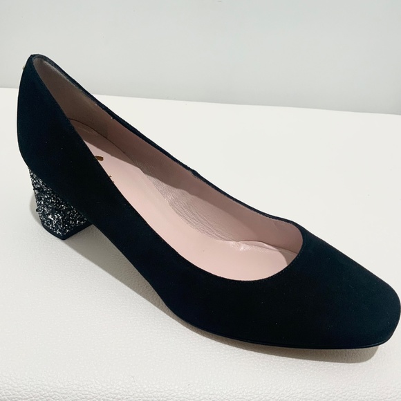 KATE SPADE Anastasia Block Heel Pump Black Suede Leather Dress Shoe Glitter Heel - Picture 7 of 9